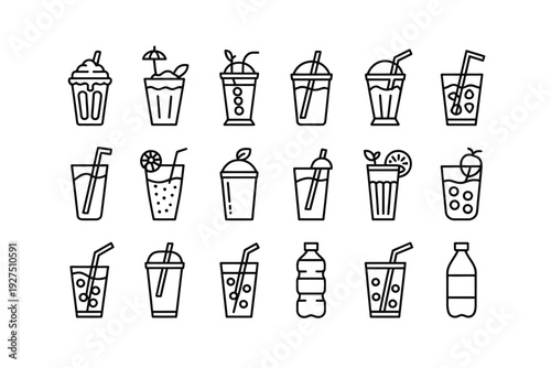 Drink icons set with various types of beverages and straws