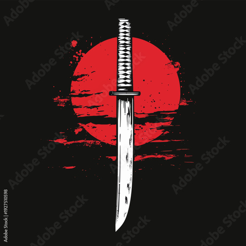 White katana sword knife samurai ronin with red circle sun japanese style tattoo on black background vector icon design. , vector style simple color