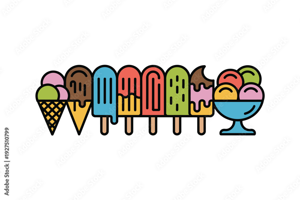 Fototapeta premium Ice cream colorful illustration with cones and popsicles