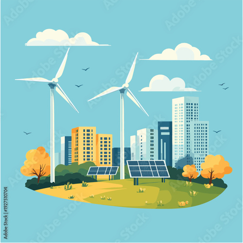White wind turbines on the hill to generate electricity from the wind with solar cell panel or photovoltaic and green city flat icon vector
