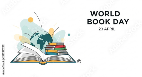 World book day illustration with open book stacked books and globe on april 23rd
