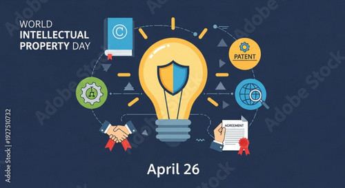 World intellectual property day april 26 light bulb with shield and icons representing copyright patent and innovation