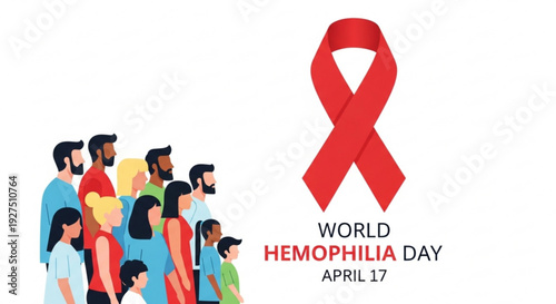 Diverse group of people supporting world hemophilia day on april 17 with red awareness ribbon