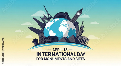 International day for monuments and sites illustration with global landmarks and earth on a colorful background