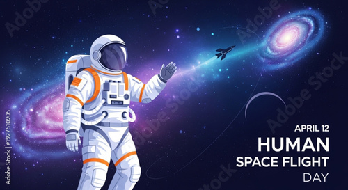 Astronaut in white and orange space suit floats in deep space with galaxy background on human space flight day