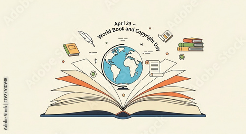 World book day illustration with globe on open book and reading symbols