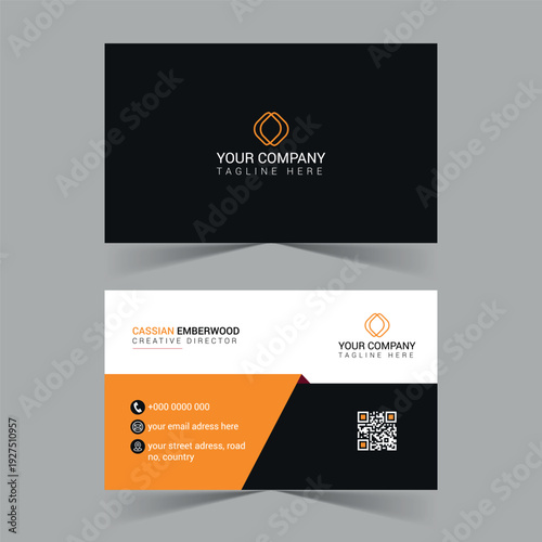 Modern Corporate Business Card Template with Orange and Black Geometric Design and QR Code