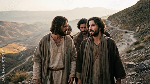 Jesus and disciples walking down the mountain trail speaking softly