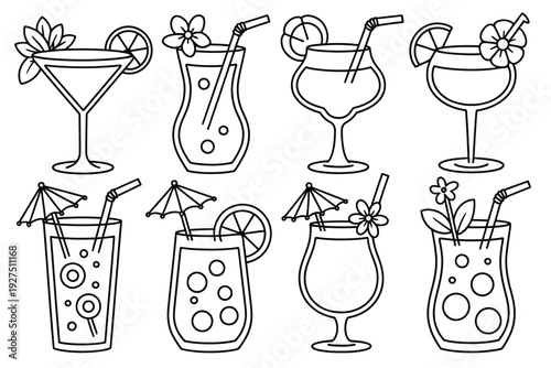 Cocktail vector illustration set with colorful drinks and garnishes