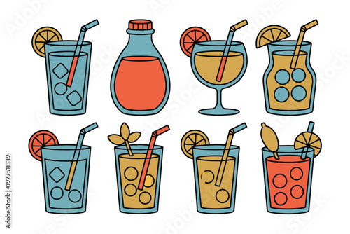 A colorful illustration of various cocktail drinks with straws and garnishes