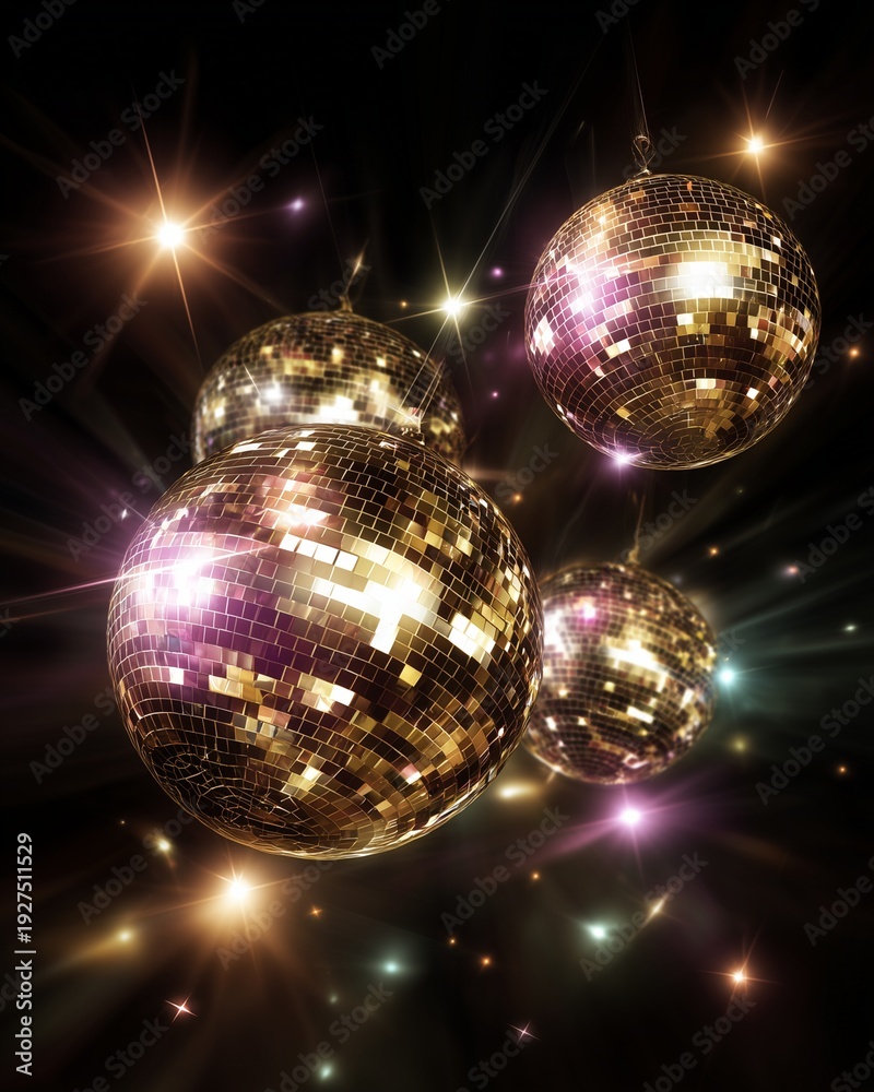 Fototapeta premium Sparkling Disco Dreams: A captivating scene of glistening disco balls suspended in a dark space, radiating light and energy. The scene invites viewers to experience the allure of dance.