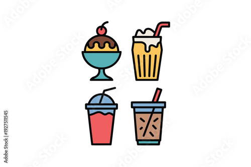 A colorful illustration of various cold drinks and dessert in a cartoon style