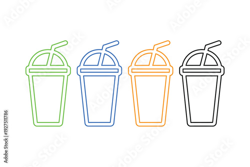 Colorful drink cups icon set with straws and lids illustration