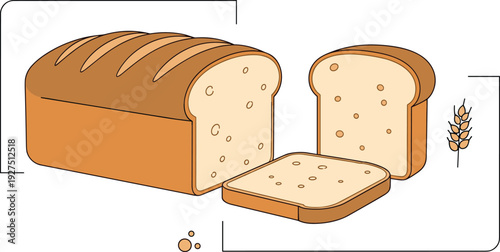 Fresh Bread Vector Illustration Set with Sliced Loaf Toast Crust and Wheat Grain Icons for Bakery and Healthy Breakfast Design