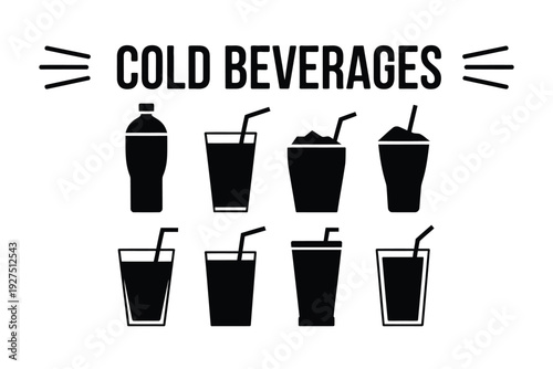 Cold beverages icon set with various drink silhouettes and straws
