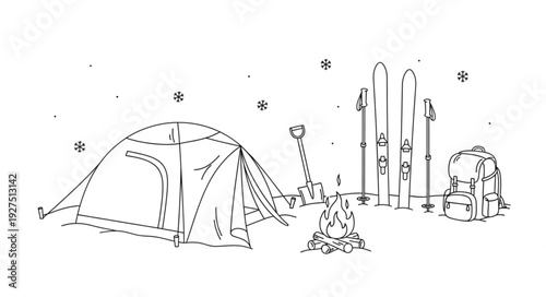 Simple Line Drawing of Camping Tent Setup.