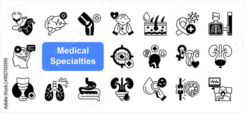 Medical Specialties icon set, with Oncology, Gynecology, Urology, Gastro.