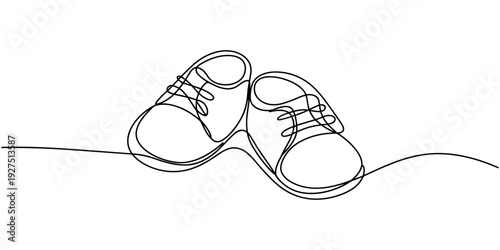One continuous single line of baby shoes isolated on white background. Children s slippers, shoes, booties one line art. Continuous line drawing of clothes, dress, children s, wardrobe, dress up, neat