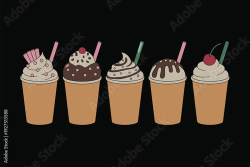 A colorful milkshake icon set with various toppings and flavors