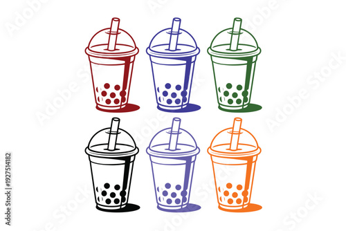 A colorful illustration of bubble tea cups with straws and boba
