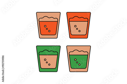 A glass vector illustration of four drinks with bubbles and foam