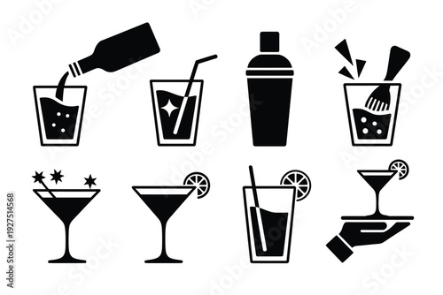 Cocktail icon set with various drink glasses and bar tools