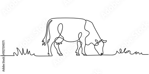 Cow on pasture in continuous line art drawing style. Grazing cow minimalist black linear sketch isolated on transparent background