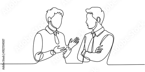 continuous line drawing of coworkers standing to discussing work. One of guy talking problem with explain with laptop. Teamwork business metaphor theme.