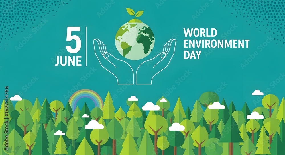 Fototapeta premium Illustration of a hand holding a globe with trees and a rainbow on a teal background for world environment day