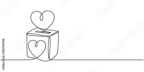 One continuous line drawing of donate box with hearts. Minimalist concept of help support and volunteer activity in vertical web banner in simple linear style. Gift of love Vector illustration