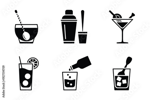 Cocktail icon set with various drink glasses and bar tools