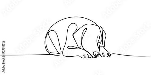 Dog resting in continuous line art drawing style. Cute dog pet lying down minimalist black linear sketch isolated on white background. Vector illustration