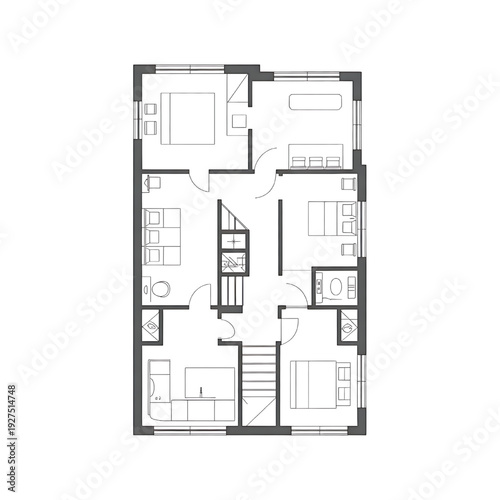 Modern two-story house floor plan with detailed layout