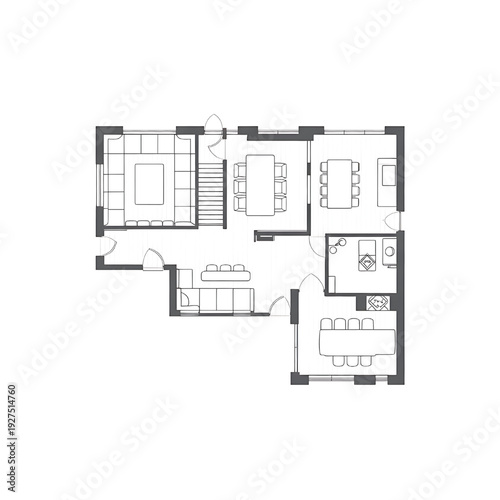 Modern home floor plan with open living spaces and stylish decor