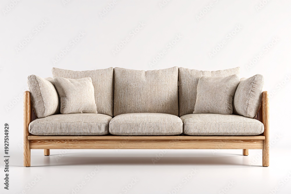 Fototapeta premium Modern wooden sofa with striped cushions in minimalist neutral living room interior design