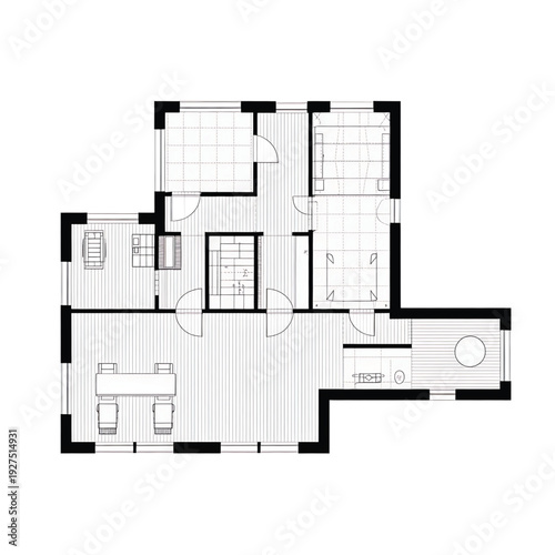 Modern house floor plan with open living space and detailed layout