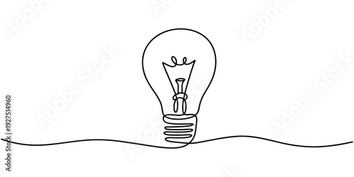 Continuous one line drawing of electric light bulb, Lightbulb in simple linear style. Idea, brainstorm concept. Drawing of an electric light bulb with continuous line, Light bulb one continuous.