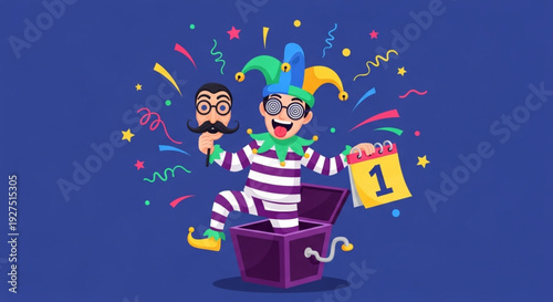 April Fools' Day jack-in-the-box with calendar and confetti, a humorous celebration of a prank holiday