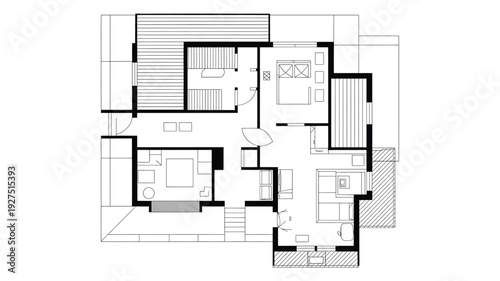 Modern home floor plan with open living spaces and sleek design