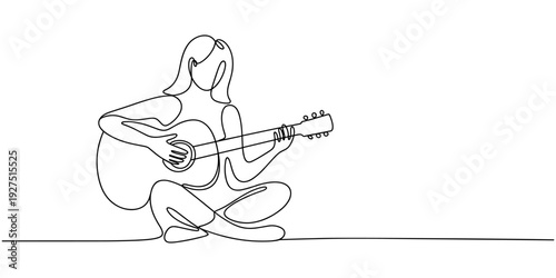 Continuous line drawing of a woman playing guitar. Single one line art of musician guitarist vector illustration