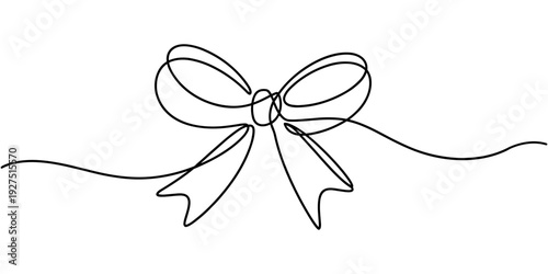 bow ribbon, single one line drawing of a heart shaped gift bow valentine's day concept, Minimalist one line drawing of a decorative bow with flowing ribbon ends, isolated on.