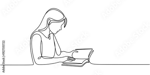 one continuous line drawing of a girl reading a book and sitting on the floor. one line drawing of a child studying at home. suitable for educational and knowledge drawing elements