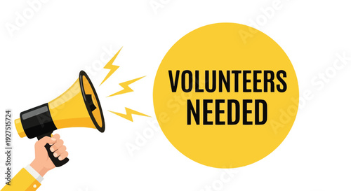 Dynamic vector illustration featuring a hand holding a megaphone, making an urgent call for volunteers needed.