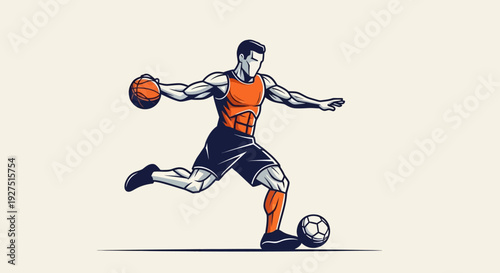 Man playing soccer with basketball in hand, dynamic illustration.