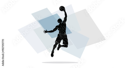 Silhouette of a basketball player dunking with abstract geometric shapes.