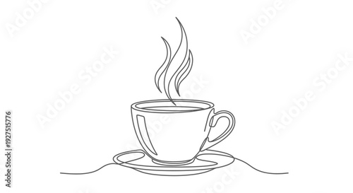 Simple line drawing of a steaming cup of coffee or tea on a saucer.