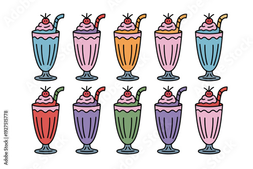 A colorful milkshake icon set with various flavors and toppings