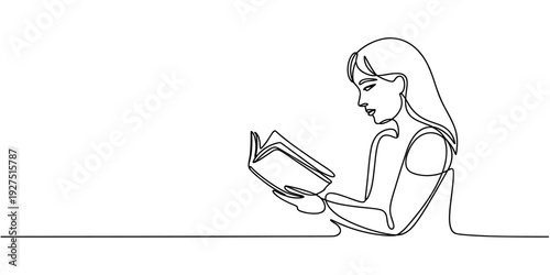 one continuous line drawing of a girl reading a book and sitting on the floor. one line drawing of a child studying at home. suitable for educational and knowledge drawing elements