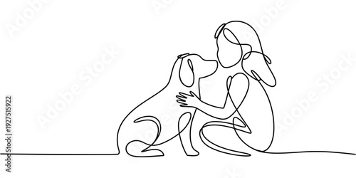 Girl with a dog in continuous line art drawing style. Pet lover black linear sketch isolated on white background. Vector illustration