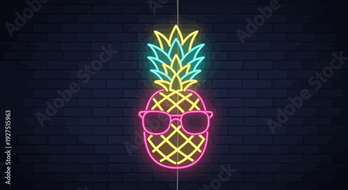 Neon pineapple wearing sunglasses on a brick wall background.